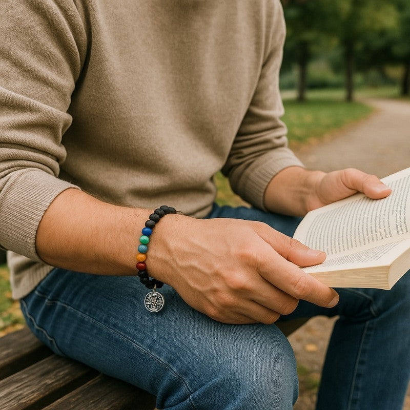 Bracelet arbre de vie pierre de lave 7 chakras A (boules 7-8mm)