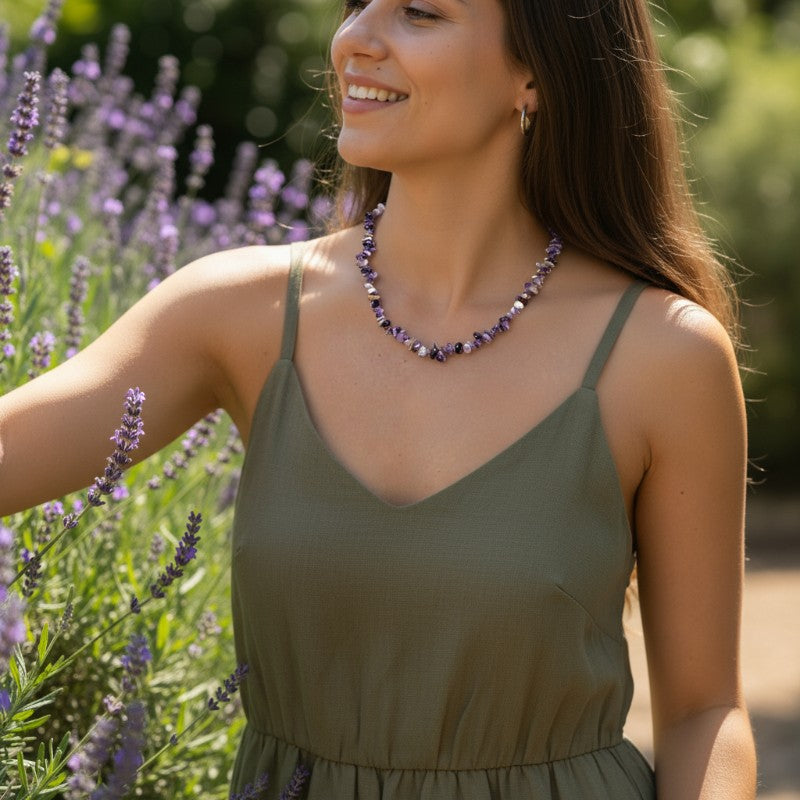 Collier améthyste rubanée France A, perles baroques