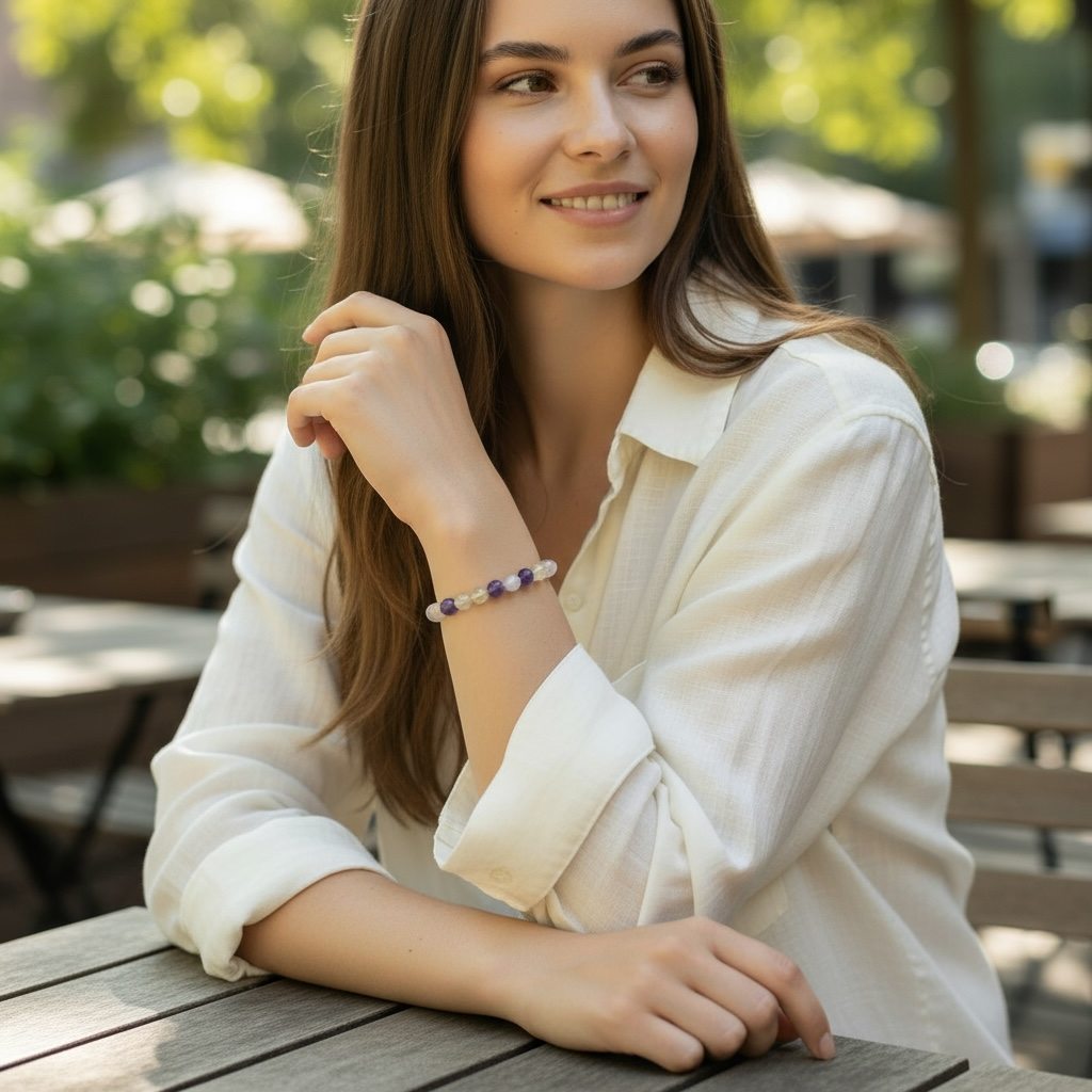 Bracelet multi-pierres citrine chauffée, améthyste, pierre de lune, quartz rose A (boules 5-6mm)