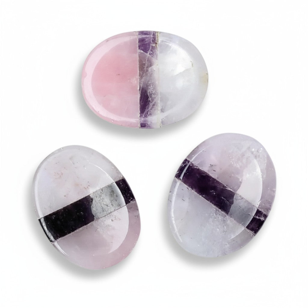 Pierre pouce "triangle d'or" améthyste, cristal de roche, quartz rose Brésil A